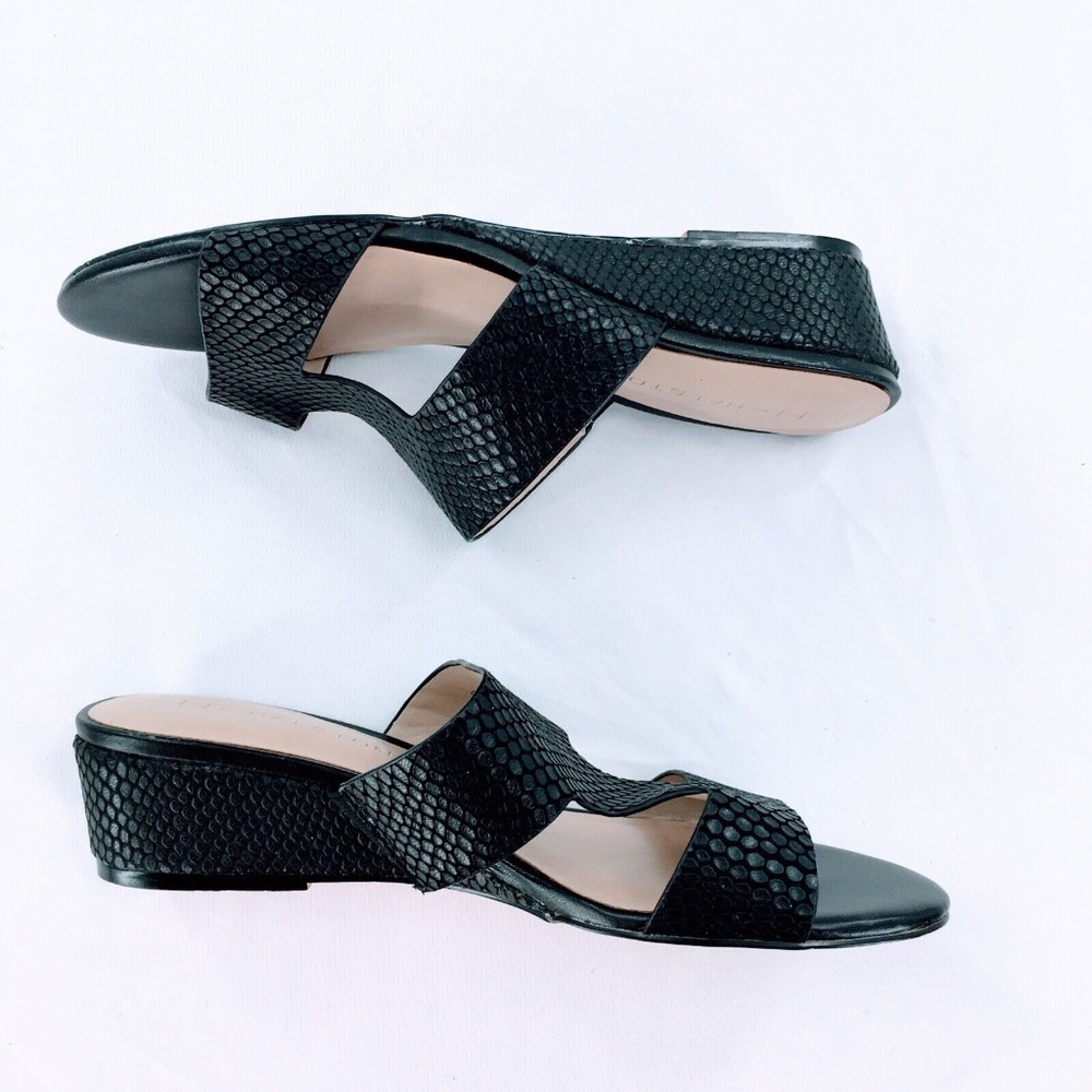 H by Halston Leather Wedge Sandal Black Snake Embossed Slide On Cut Out Sz 7.5 - Picture 7 of 12